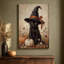 Chat noir coiffé d'un chapeau de sorcière avec des citrouilles, tableau réaliste à l'huile sur toile tendue sur châssis, 61 cm x 91 cm, prêt à accrocher.
