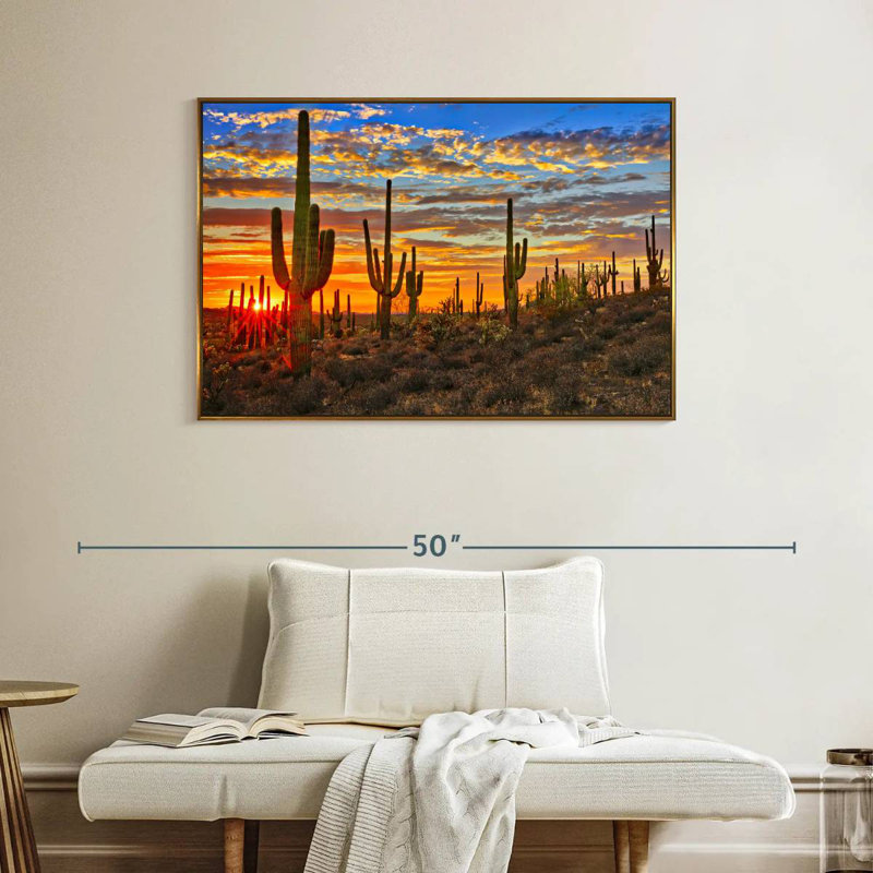Cactus coucher de soleil, Cadre flottant doré, 40 po x 27 po