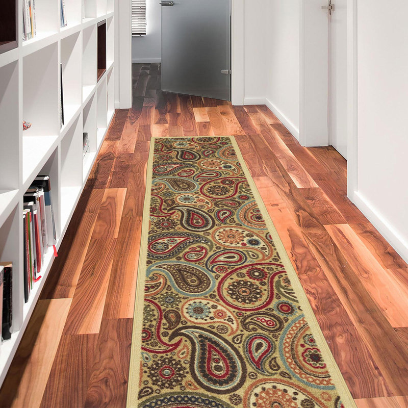Contemporary Red and Beige Paisley Runner Rug with Non-Slip Backing