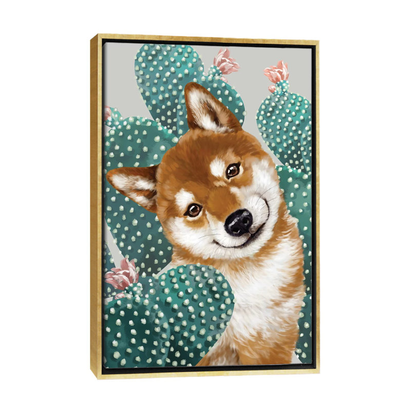 Shiba shiba avec cactus, H 26 po x l 18 po x P 1,5 po, Toile encadrée d'or