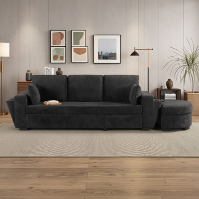 Three Seat Sectional Sofa with Storage Ottoman, Charging Port and Cup Holders
