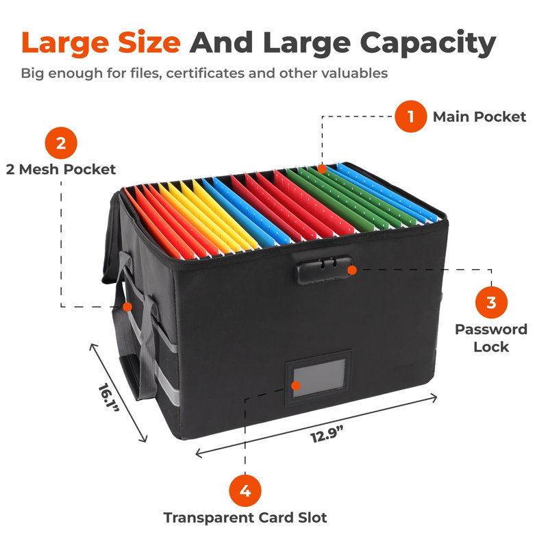 File Box with Lock Fireproof Waterproof Document Box with Handle and Zipper, 25" H x 40.8" W x 32.7" D