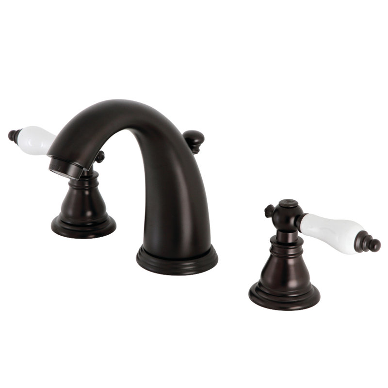 Kingston Brass American Patriot Two-Handle 3-Hole Deck Mount Widespread Bathroom Faucet with Retail Pop-Up Drain