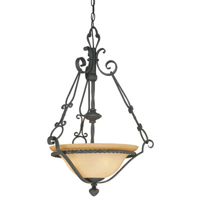 Sevilla 3-Light Indoor Antique Hand-Forged Wrought Iron Hanging Pendant with Sandstone Glass Bowl