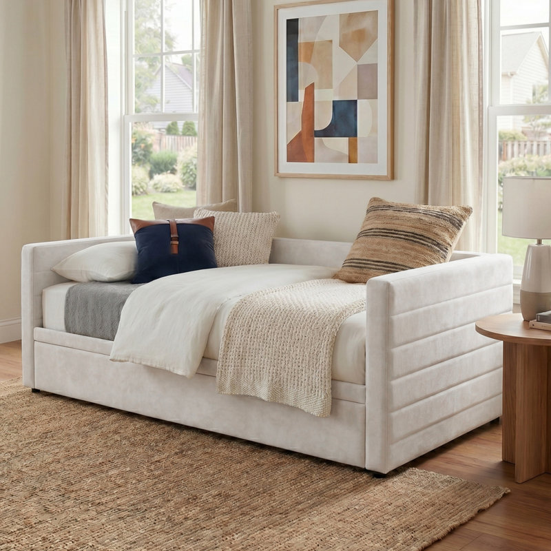 Upholstered Extendable Daybed With Trundle, Beige