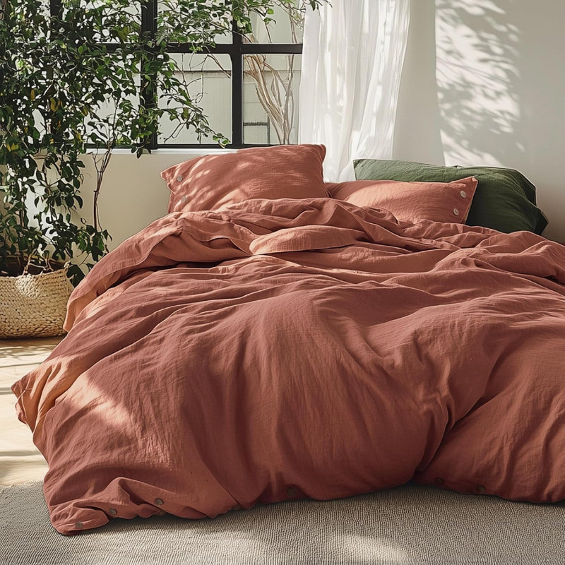 Bedsure Linen Cotton Blend Duvet Cover Set, Queen Duvet Cover + 2 Standard Pillowcases, Burnt Orange