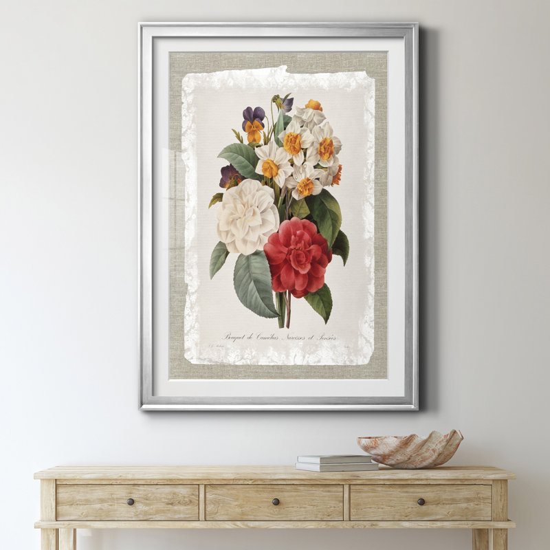 Botanical Bouquet Camelias - Reproduction d'art graphique sur papier encadré, H 26,5 po x l 36,5 po x P 1,5 po, Argent
