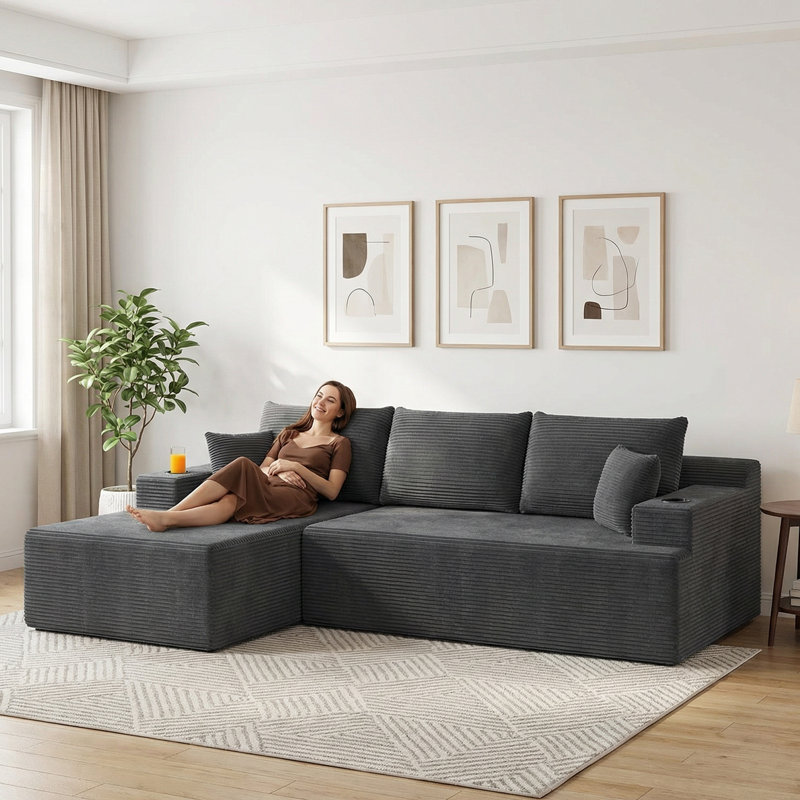 Canapé modulaire à dossier profond en velours côtelé 106 pièces 2 pièces 106 po avec porte-gobelet et méridienne, aucun assemblage requis