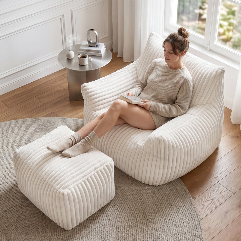 Ensemble de 2 fauteuils à billes surdimensionnés en mousse de velours côtelé de 46 po avec repose-pieds (ensemble de 2)