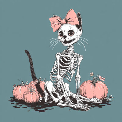«Skeleton Kitty with Pumpkins», art mural sur toile tendue