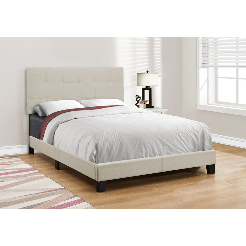 Lit rembourré transitionnel avec aspect lin et pieds en bois, idéal pour la décoration de chambre à coucher et une expérience de sommeil confortable