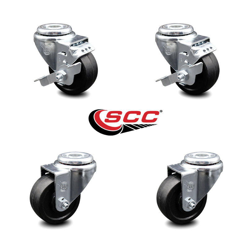 3 Inch Soft Rubber Wheel Swivel Bolt Hole Caster Set with 2 Brake Service Caster