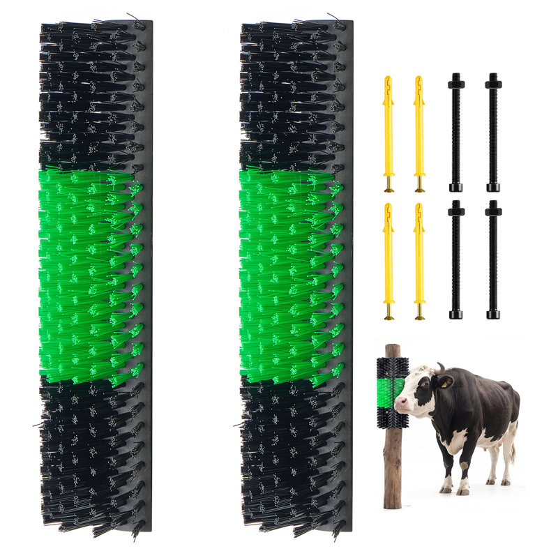 Livestock Scratching Brush, Goat Scratcher Brush Post with 8 Screws, 16.9" x 7.5" Cow Scratcher for Back Itch Relief, Massage Grooming Scratch Tool for Horse Cattle Sheep Pig, Green & Black