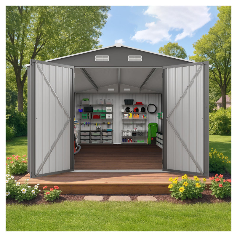 Remise de rangement extérieure en métal 10 x 14 pi avec trois portes verrouillables, remise de jardin en acier galvanisé durable pour l'équipement de jardin, de patio et de pelouse