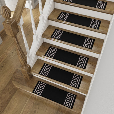 Antidérapant, non adhésif, durable, résistant aux taches, lavable 8,5 po x 26 po Tapis d'escalier pour améliorer la sécurité, protéger les escaliers et réduire le bruit. Design contemporain à clé grecque