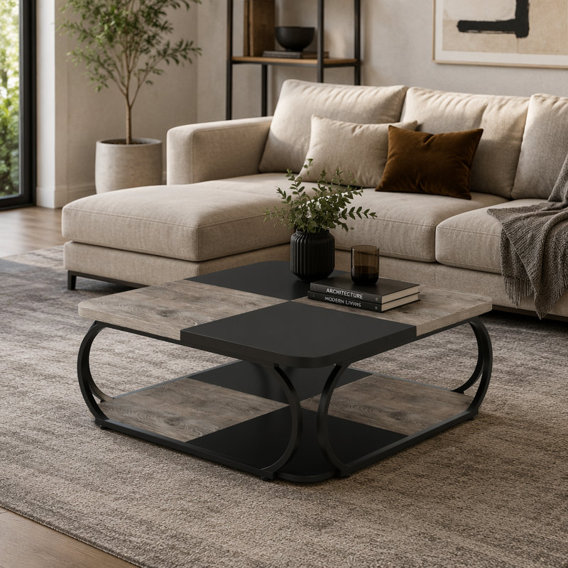 Table basse carrée en métal avec tablettes à deux niveaux pour le rangement et le décor de salon de style campagne moderne