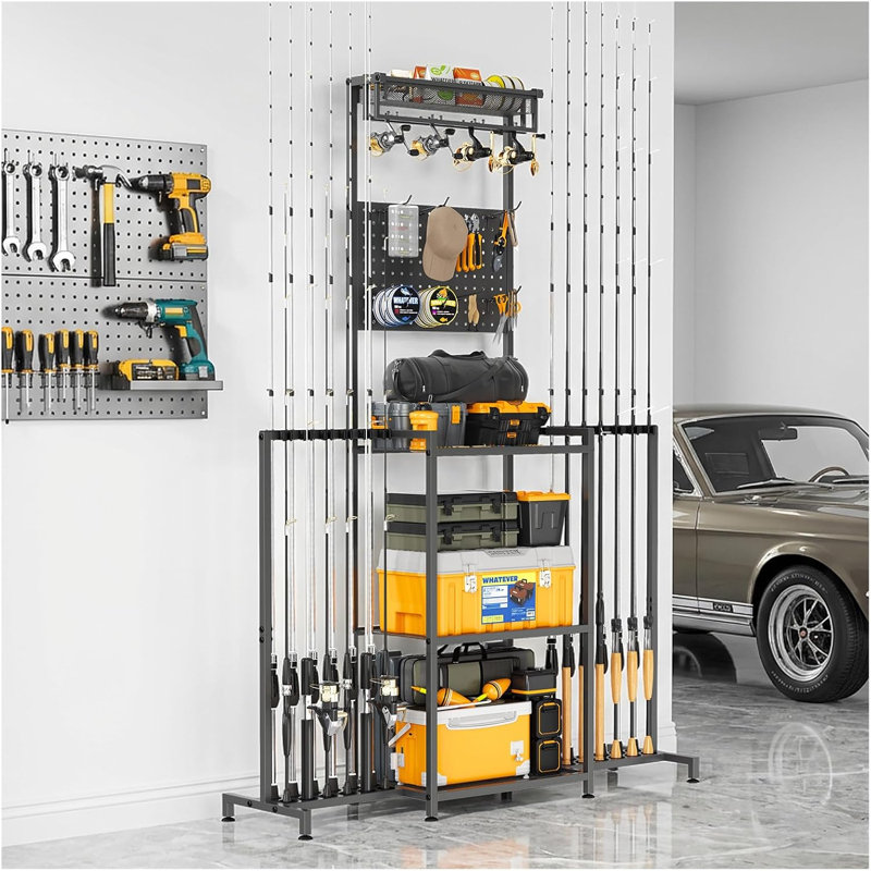 Support de canne à pêche pour garage avec panneau perforé et panier en maille métallique, peut contenir 24 cannes
