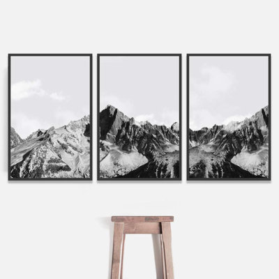 Mountain " Black And White Mountain Covered With Snow Nature Landscape Artwork Decor For Living Room Bedroom " 3 - Pieces