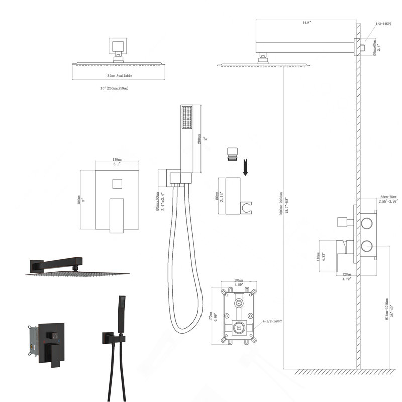 Dual Shower Head - 10 Inch Wall Mounted Square Shower System with Rough-in Valve, Oil Rubber Bronze, Oil Rubbed Bronze