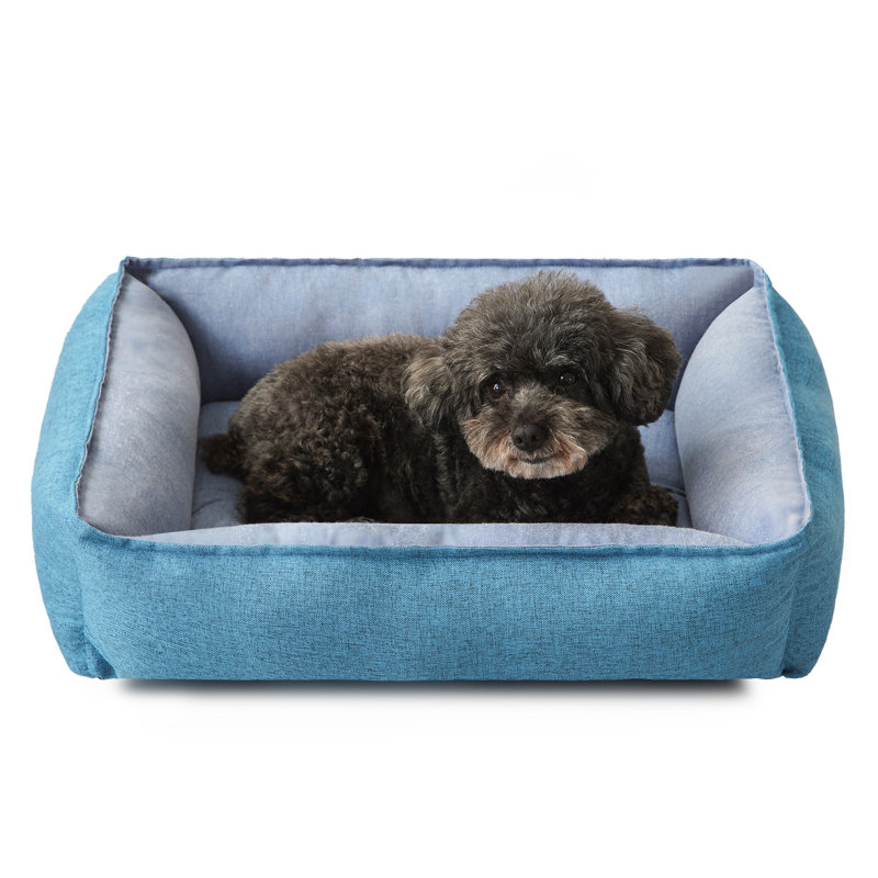 Blue Linen Rectangle Pet Bed with Bolster Cushion
