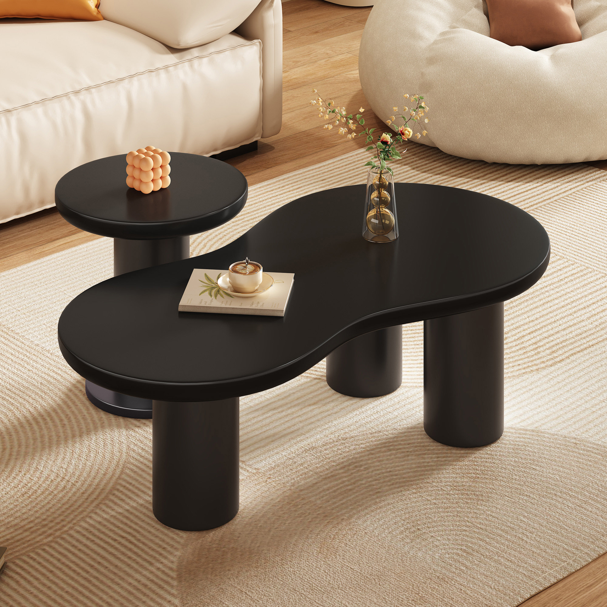 Ivy Bronx Cream Style Cloud Coffee Table With Round Small Side Table ...