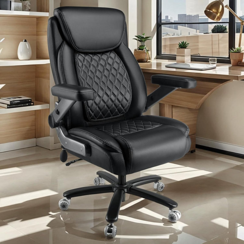 Inbox Zero 600LBS Large Heavy Duty Office Chair With 5D Flip Arms, Big And Tall Office Chair With Pocket Spring Cushion, Extra Wide Office Chair With Adjustable Lumbar Support,Dual Rubber Wheel