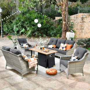 Outdoor 7-Person Patio Furniture With Cozy Cushions And Fire Pit Table