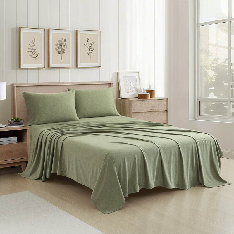Aeropostale Cotton-Rich Heathered Jersey 4 Piece Sheet Set – Soft T-Shirt Feel, Heathered Green, King, Green