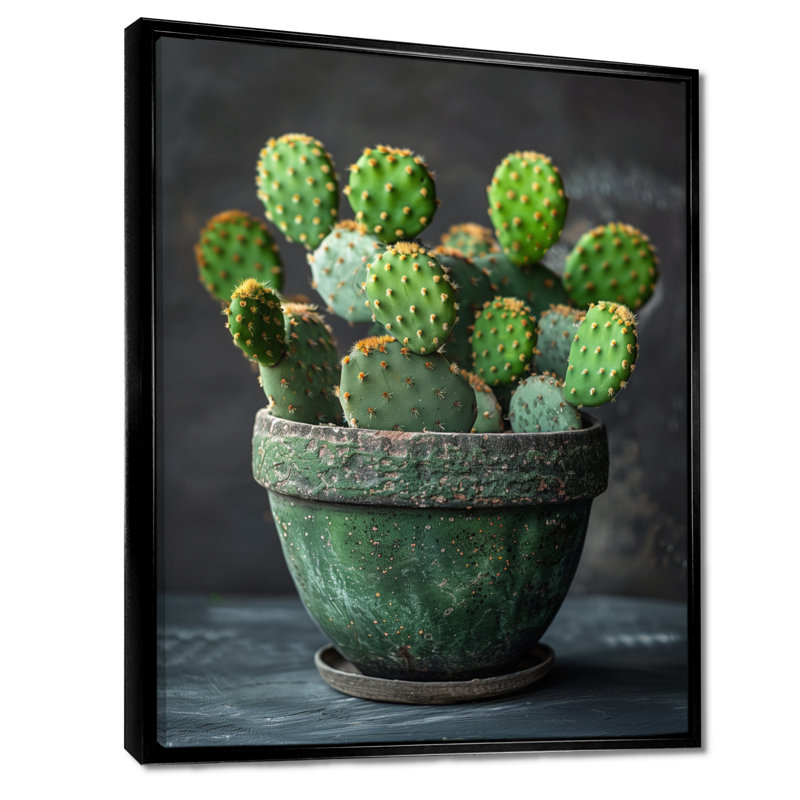Cactus vert en pot maison de campagne - décoration murale cactus floral, Toile avec cadre flottant noir