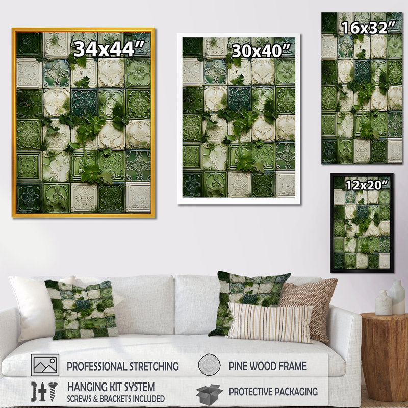 Carreaux floraux verts botaniques IV - Décoration murale abstraite en carreaux, Toile tendue, H 60 po x l 40 po