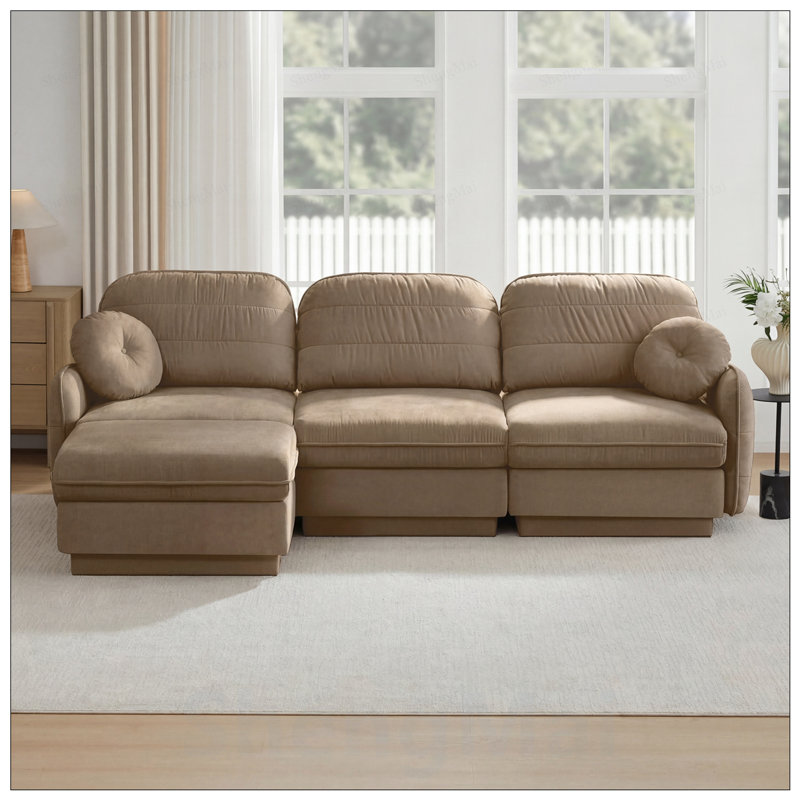 Canapé surdimensionné en L en chenille avec repose-pieds mobile, coussins ronds exquis et coussins de dossier matelassés pour un confort et un style ultimes