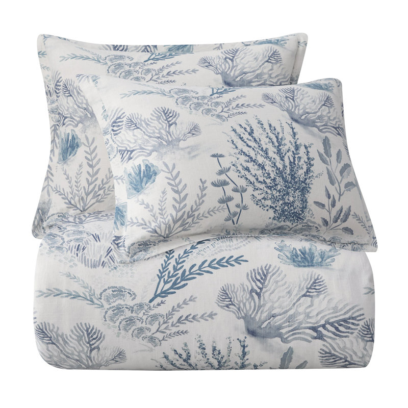 Oceania Coastal Coral Print Linen Blend Classic Chic Casual Duvet Set, King Duvet Cover + 2 King Shams, Blue/White