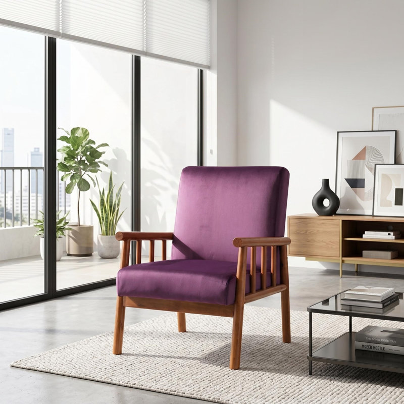 Chaise avec accoudoirs Mid-Century moderne avec structure en bois massif et velours tacheté, Purple Velvet