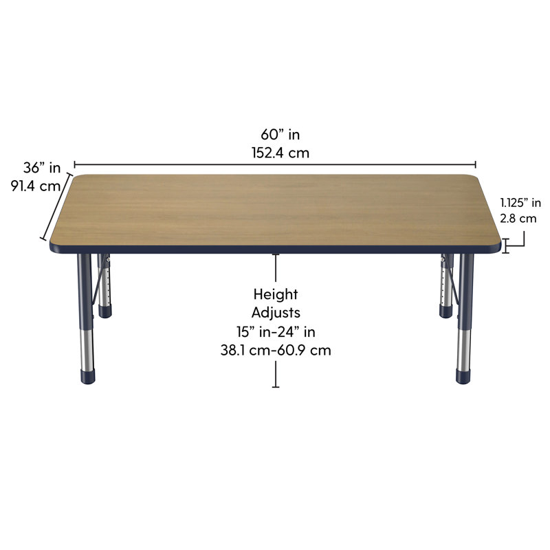 Table d'activité rectangulaire à hauteur réglable en forme de T, Épais, 36 po x 60 po, Chêne Pasadena / bleu marine / argent