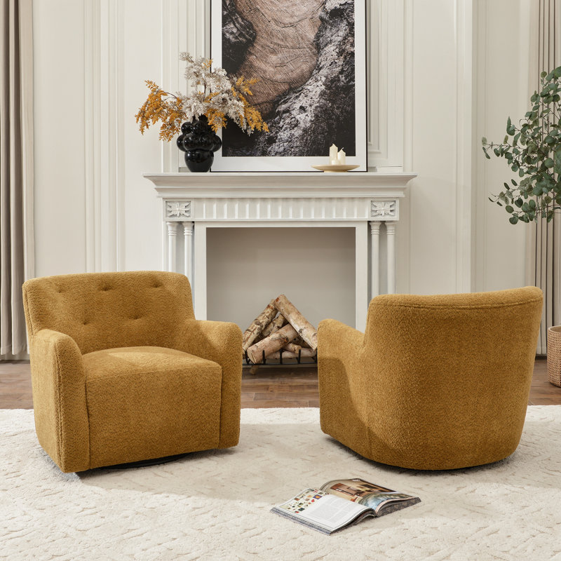 Fae 32.5" Wide Chenille Upholstered Swivel Accent Armchair, Golden Ochre Textured Chenille