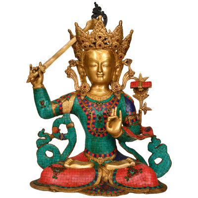 25" Large Tibetan Buddhist Manjushri Brass Sculpture - Handcrafted Wisdom Deity Statue Meditation Home Decor Art