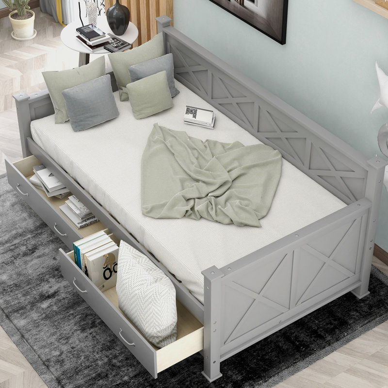 Lit de jour simple avec 2 grands tiroirs, structure en forme de X, Gris