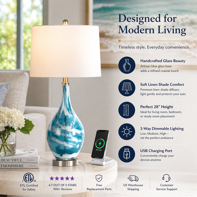 Aitkin 28" Coastal Blue Glass Table Lamp with 3-Way Dimmable Lighting and USB Port 