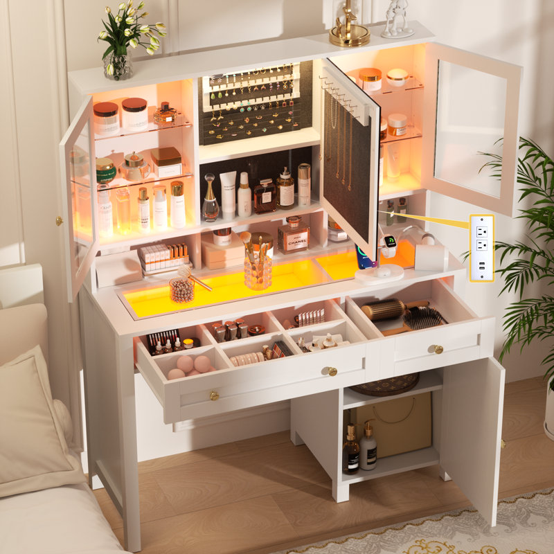 Nayaab Makeup Vanity Desk with Jewelry Organizer, LED Smart Mirror and RGB Lights, Elegant Glass Tabletop&Side Doors