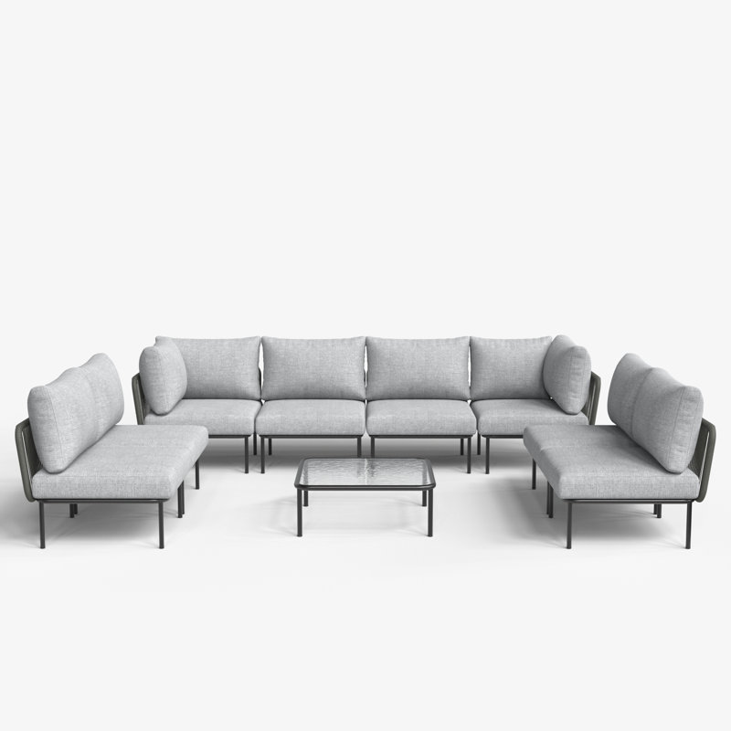 Ebern Designs 9 Pieces Aluminum Patio Furniture Set, Modern Modular Sectional Sofa with Coffee Table and Upgrade Thickness Cushion
