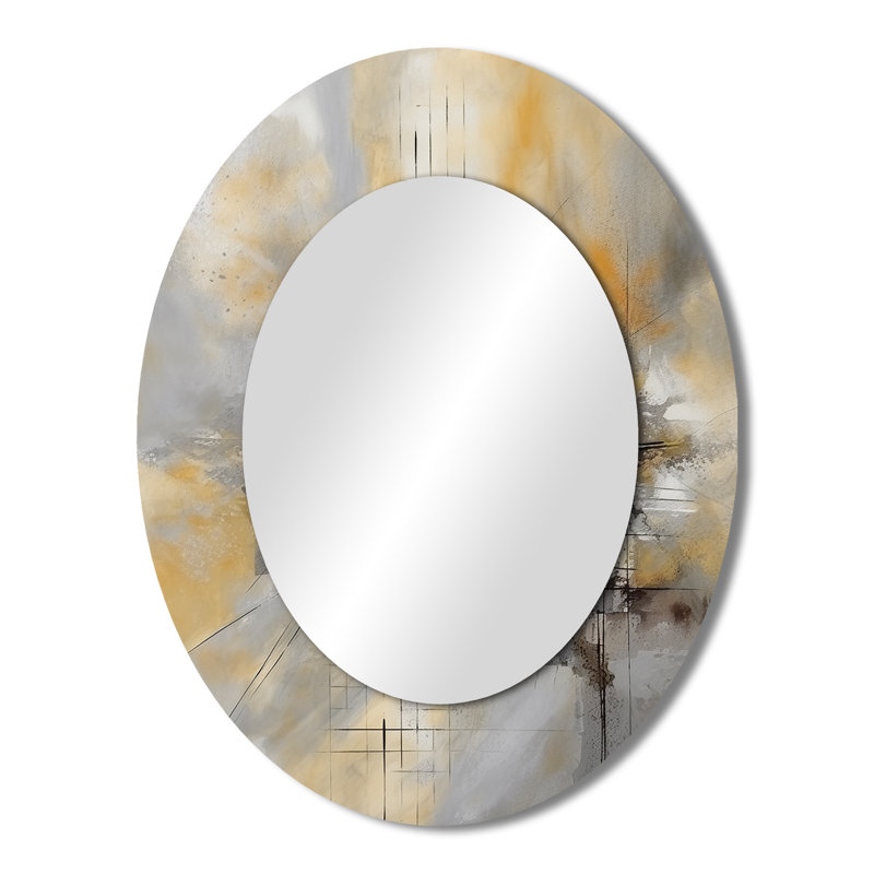 Jaune et gris au-delà de la toile I - Miroir mural moderne ovale, 43 po x 33 po