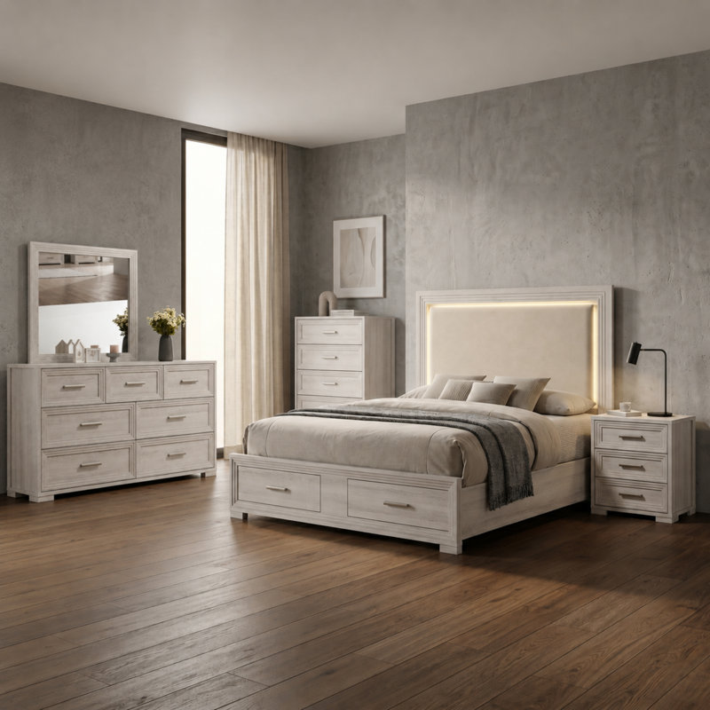 Ensemble de chambre avec lit tapissier Liora, Ensemble de 5 pièces : lit, table de chevet, comm, Grand lit, Rustique naturel