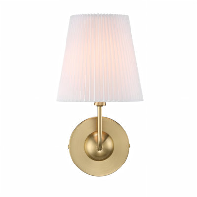 12.13 in. 1-Light Brushed Gold Wall Sconce with Pleated White Fabric Shade
