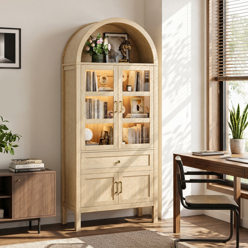 71'' Tall Full Wood Arched Storage Cabinet Adjustable Shelves Bookcase With LED Lights, Natural