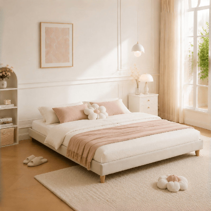 Lit plateforme en tissu d'ameublement, Crème, Très grand