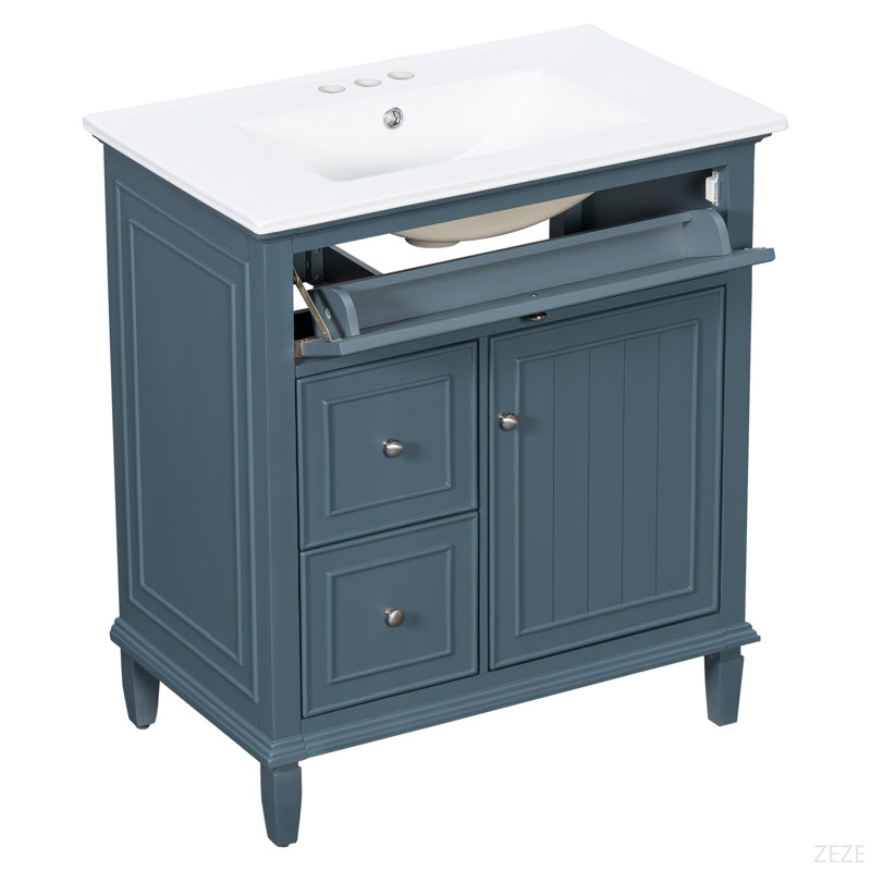 Meuble-lavabo de 30 po avec lavabo, meuble-lavabo avec un tiroir rabattable et deux tiroirs, tablette réglable, bois massif et panneau de fibres à densité moyenne