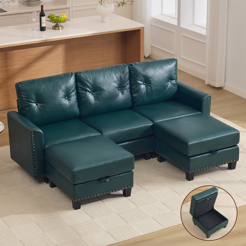 Canapé modulaire en similicuir avec repose-pieds de rangement, Postal Green, 3 Seat + 2 Ottoman