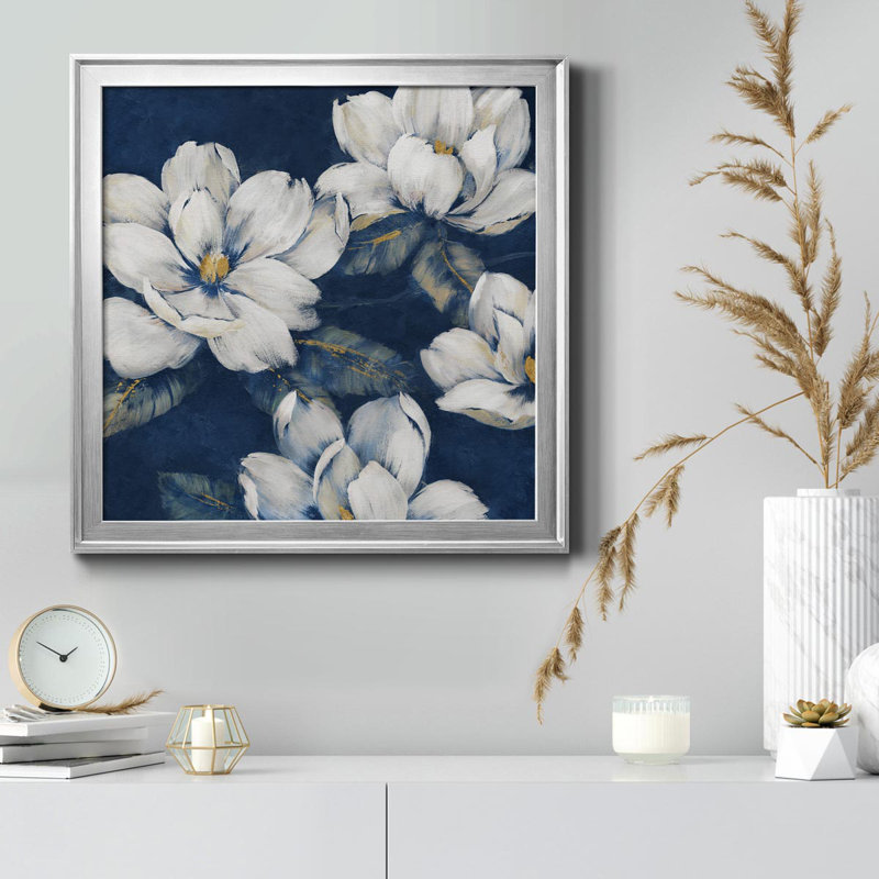 " Magnolias Indigo " Painting Print, Silver, 26.5" H x 26.5" W x 1.5" D