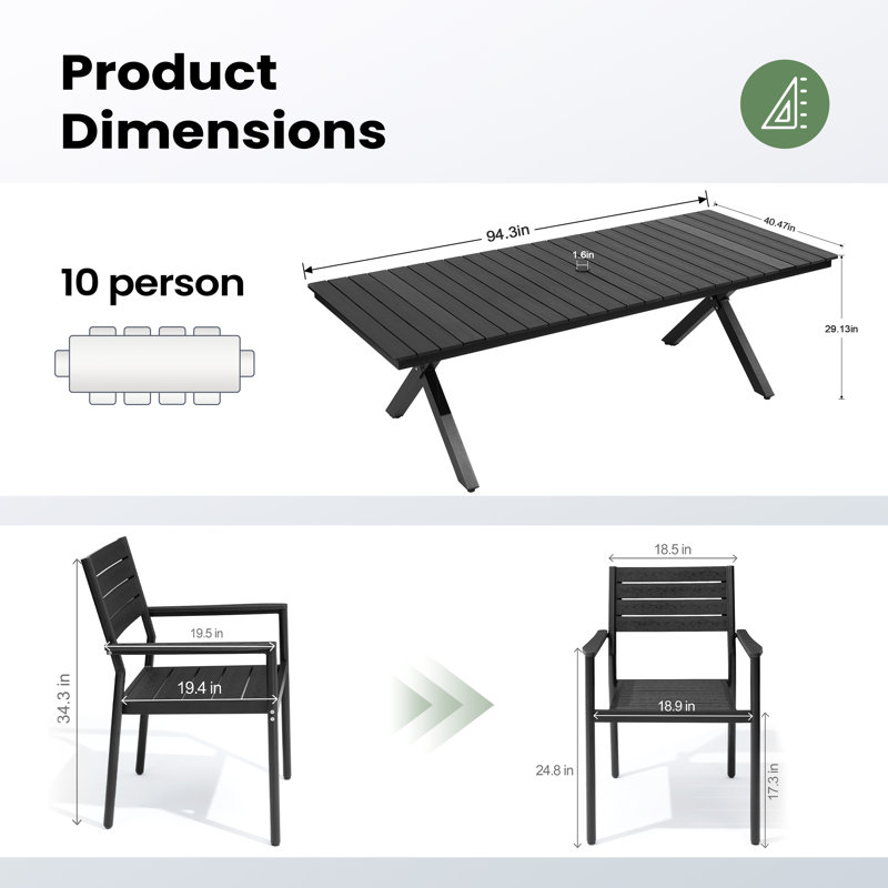 10 - Person 94.5'' W X 40.5'' D Aluminum Outdoor Patio Dining Set with Stackable Chairs, Black
