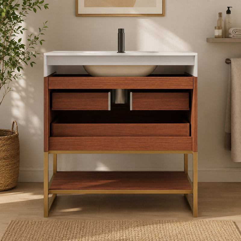 Meuble-lavabo autoportant moderne de 29,9 pouces; comptoir en pierre frittée avec lavabo en céramique encastré et tablette inférieure; Idéal pour les petits appartements.